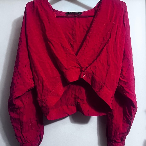 ZARA Elegant Red Women's Sz XS Polka Dot Jacquard Blouse - Picture 2 of 7
